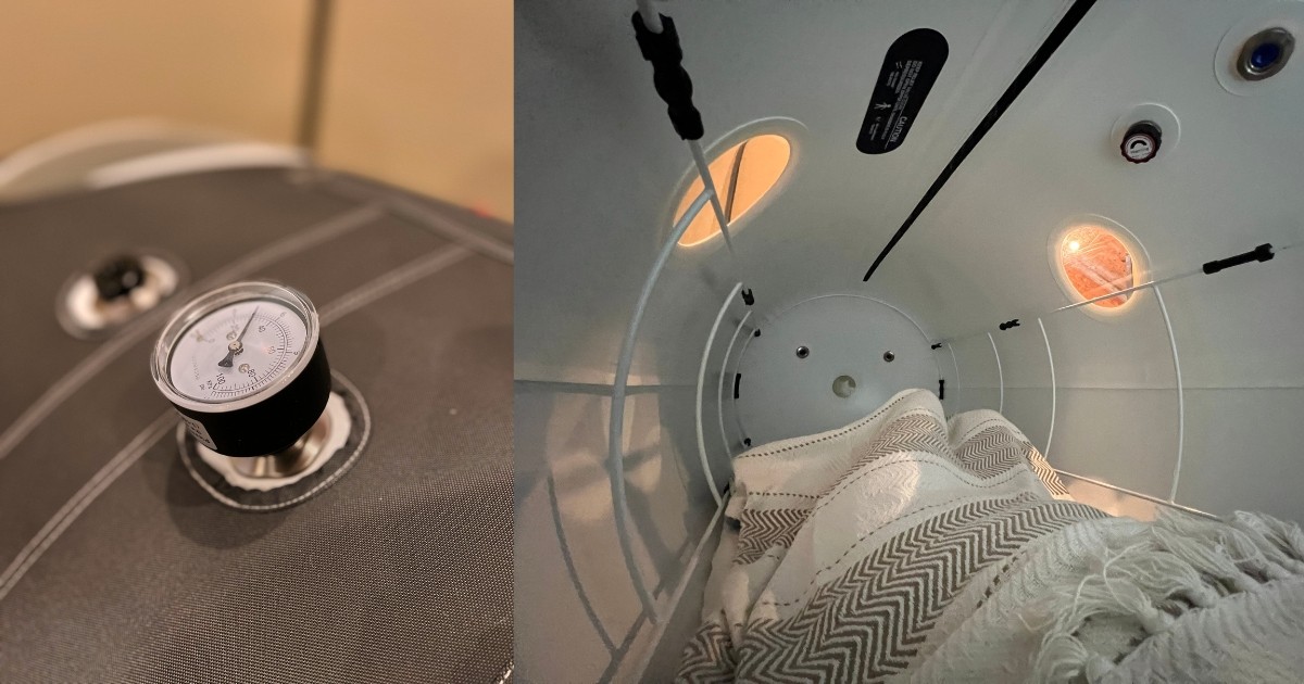 Pressure Gauge and Interior of a Mild Hyperbaric Oxygen Chamber | Renewal Care Hyperbarics & Wellness | Beaverton, OR and SW Portland, OR